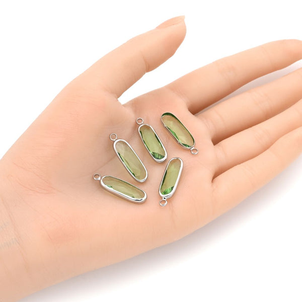 10pcs Grade A August Peridot Green Rectangle Bar Birthstone Charm Drops, Sterling Silver Plated Brass, 21x7mm, CCP8-S8