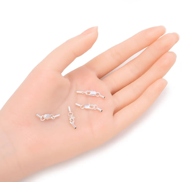 20pcs Glue In Tube Cord End Caps with Clasp, Sterling Silver Plated Brass, Hole ID Selections: 1mm/1.5mm/2mm/2.5mm