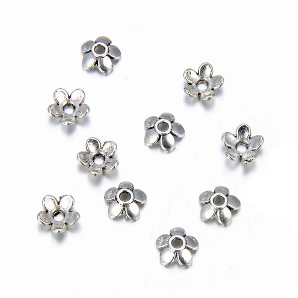 200pcs 5-Petal Flower Bead Caps, 6mm Small Bead End Caps, Antique Silver, MC-AB12