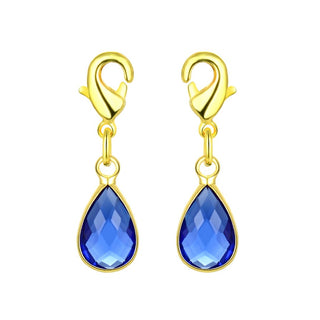 2pcs Clip On Dangle September Sapphire Blue Birthstone Charm Drops, Tarnish Resistant, 18K Yellow Gold Plated Lobster Clasp, BL8-9