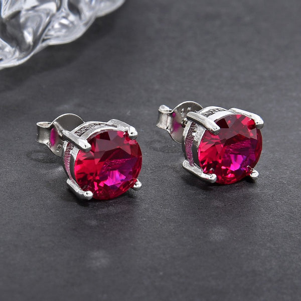 1 Pair 925 Sterling Silver July Birthstone Round Cut Stud Earrings, 6mm/0.84 Carat Cubic Zirconia CZ Red Ruby Stone, SSE48-7