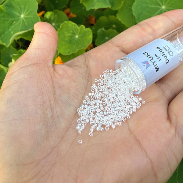 7.5g Miyuki Delica 11/0 Seed Beads, Translucent Luster Crystal White DB50