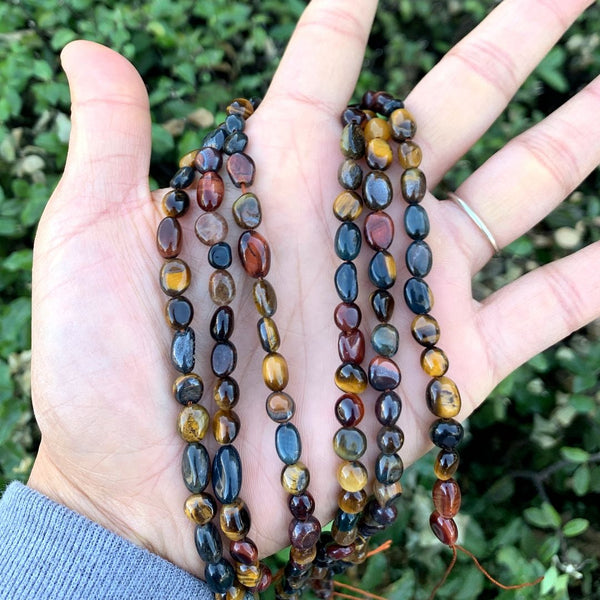 Natural Multi-color Tiger Eye Gemstone Oval Tumbled Pebble Beads, Irregular, 6mm to 8mm, Hole ID 1mm, 15 Inch/1 Strand, GZ11-7