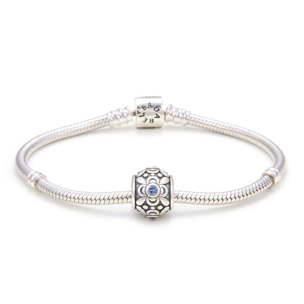 1pc 925 Sterling Silver Round Flower Pattern March Birthstone Bead Charm, Blue Aquamarine Cubic Zirconia CZ, 11.2x9.5mm, Hole ID 4.5mm, EC1-G3