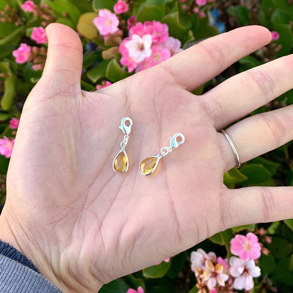 2pcs Clip On Dangle November Topaz Yellow Birthstone Charm Drops, Tarnish Resistant, Sterling Silver Plated Lobster Clasp, BL7-11