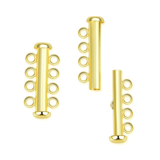 1pc 925 Sterling Silver 4 Strands Multi-Strand Slide Lock Tube Clasp Set, Real 18K Yellow Gold Plated, 25.5mm Long, SS91-4