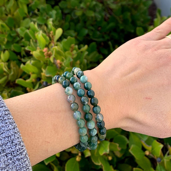 1 Strand Stretch Natural Moss Agate Beaded Gemstone Bracelet, 6mm Beads, Length Selections: 7 inch/7.5 inch/8 inch