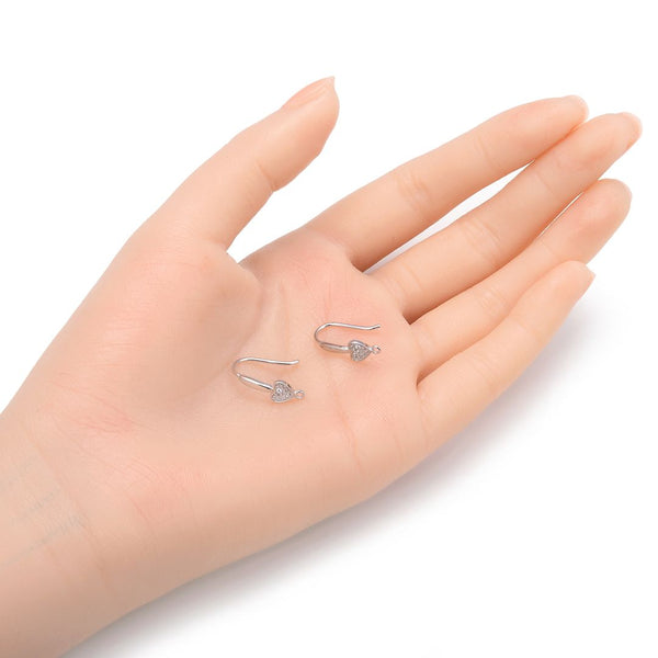 4pcs 925 Sterling Silver Fancy Heart Pattern Earring Hooks, 10 Cubic Zirconia CZ, Tarnish Resistant Rhodium Plated, 18mm, SS448