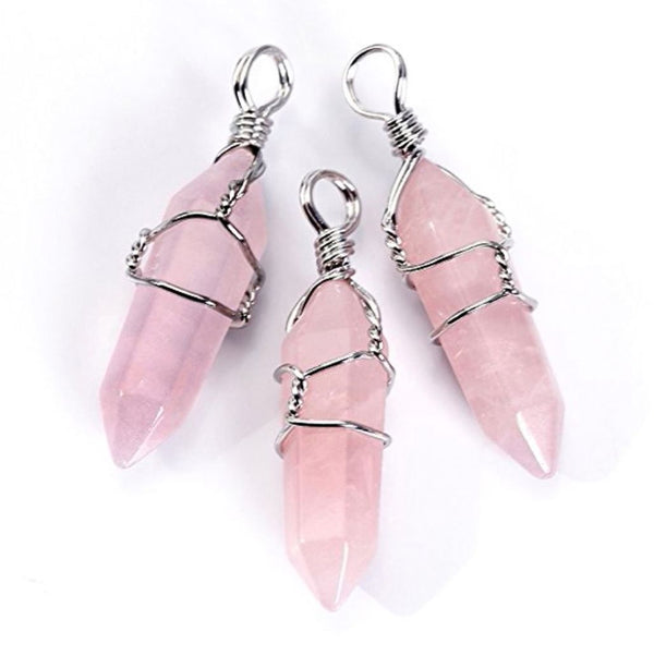 1pc Natural Pink Rose Quartz Gemstone Pendant Necklace, 18 Inch Surgical Stainless Steel Chain, GGP-E6