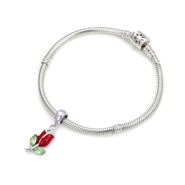1pc Real 925 Sterling Silver Tulip Flower Red Green Enamel Dangle Bead, Compatible with Pandora All Other Charm Pendant Bracelet, EC6-D3