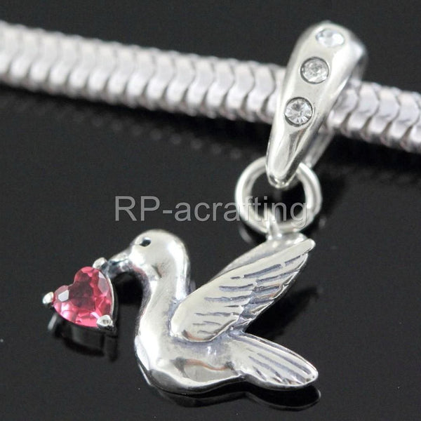 1pc 925 Sterling Silver Bird Charm, Freedom Lover July Birthstone Charm Drop, Red Ruby Cubic Zirconia CZ, 20mm Long, Hole ID 4.5mm, EC1-D7