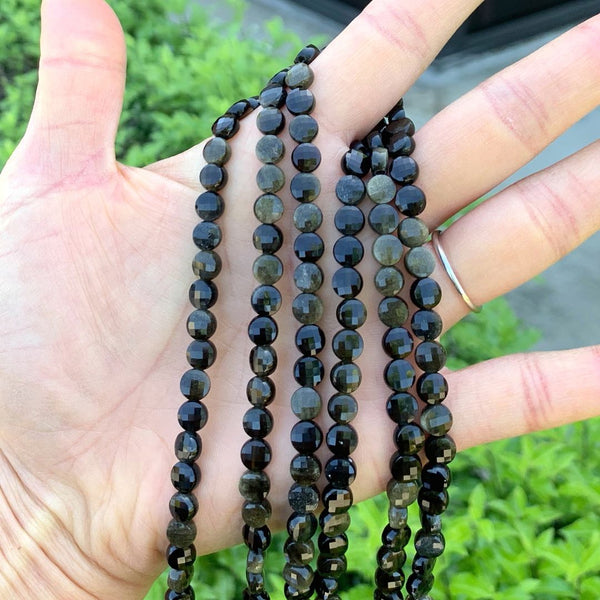 Natural Gold Sheen Black Obsidian Gemstone Faceted Flat Round Coin Beads, 6mm, Hole ID 1mm, 15 Inch/1 Strand, GZ13-11