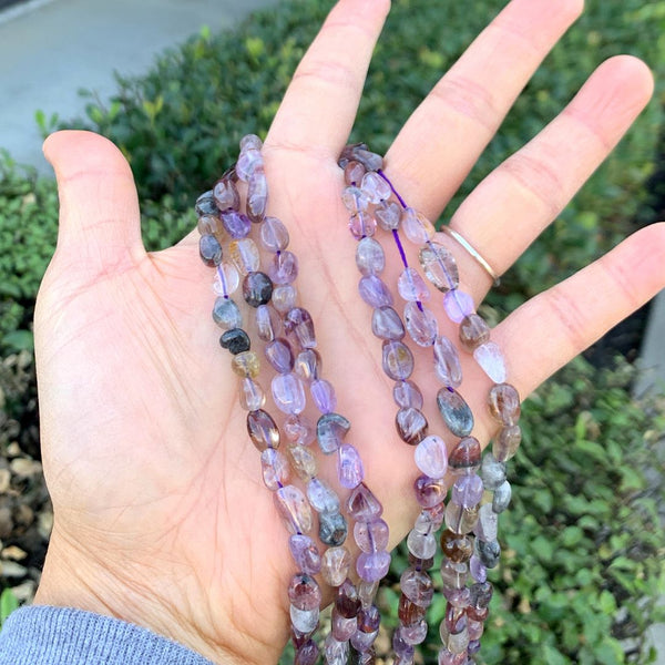 Natural Purple Rutilated Quartz Gemstone Oval Tumbled Pebble Beads, Irregular, 6mm to 8mm, Hole ID 1mm, 15 Inch/1 Strand, GZ11-35