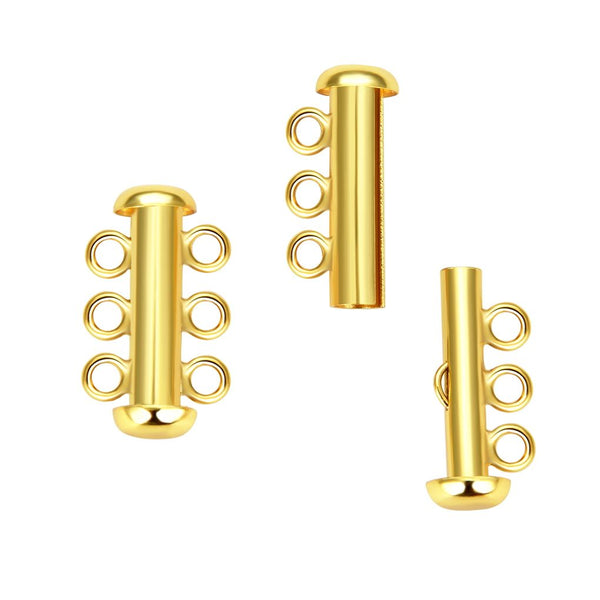 1pc 925 Sterling Silver 3 Strands Multi-Strand Slide Lock Tube Clasp Set, Real 18K Yellow Gold Plated, 20.5mm Long, SS91-3