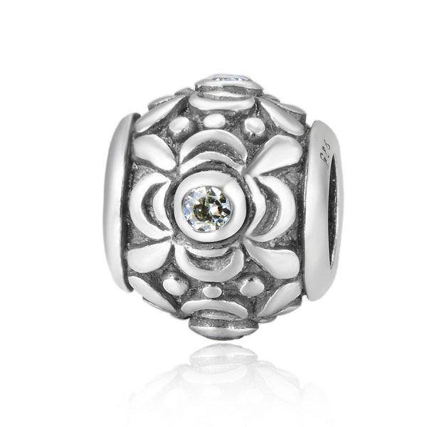 1pc 925 Sterling Silver Round Flower Pattern August Birthstone Bead Charm, Green Peridot Cubic Zirconia CZ, 11.2x9.5mm, Hole ID 4.5mm, EC1-G8