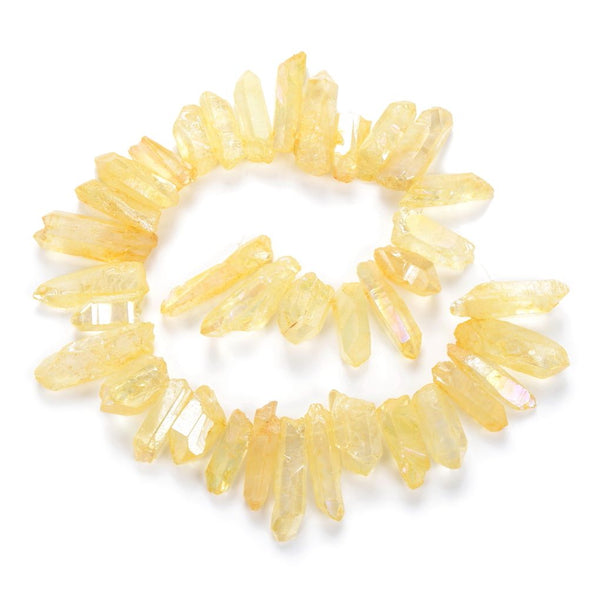 1 Strand Natural Raw Crystal Quartz Gemstone Beads, Large Drilled Stone Points, Topaz Yellow AB Titanium Coated Gem Stick, 15 Inch, GA-E11