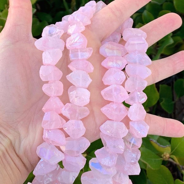 Natural Raw Crystal Quartz Nugget Drilled Gemstone Beads, Rose Pink AB Titanium Coated Stone Nuggets, 15 Inch, GA-B8