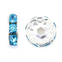 100pcs Grade A Rhinestone Rondelle Beads, Aquamarine Blue Rhinestone, Sterling Silver Plated Brass, Size Selections: 5mm/6mm/8mm/10mm/12mm