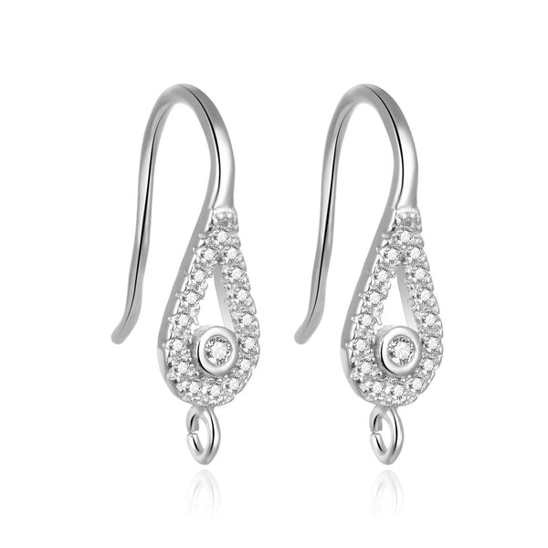 4pcs 925 Sterling Silver Fancy Pear Drop Pattern Earring Hooks, 18 Cubic Zirconia CZ, Tarnish Resistant Rhodium Plated, 18mm, SS449