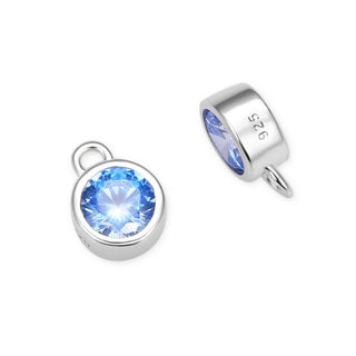 2pcs 925 Sterling Silver 6mm March Birthstone Charm Drop Pendants, Tarnish Resistant, Aquamarine Blue Cubic Zirconia Gemstone, SXP8-3