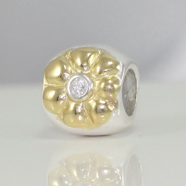 1pc Solid 925 Sterling Silver Golden Flower Cubic Zirconia Bead Charm, Compatible with Pandora All Other Charm Bracelet, EC80