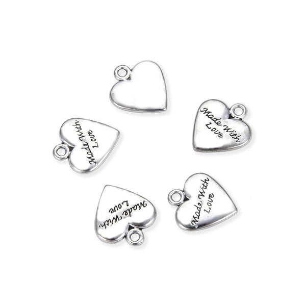 20pcs Made with Love Heart Charms, 19.2mm Large One Sided Heart Drop Pendants, Antique Silver, MC-D16