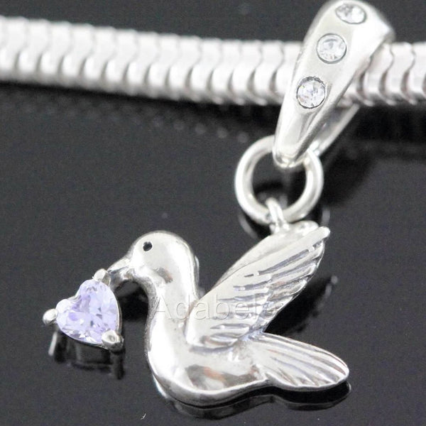 1pc 925 Sterling Silver Bird Charm, Freedom Lover June Birthstone Charm Drop, Light Purple Alexandrite Cubic Zirconia CZ, 20mm Long, Hole ID 4.5mm, EC1-D6