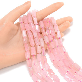Natural Rose Quartz Pink Crystal Gemstone Faceted Tube Beads, 14x7mm, Hole ID 1mm, 15 Inch/1 Strand, GZ8-2