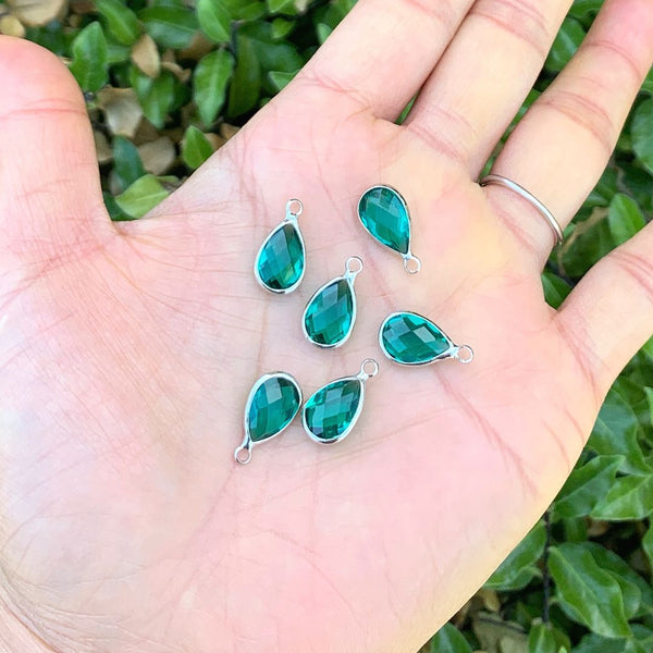 10pcs Grade A May Emerald Green Teardrop Birthstone Charm Drop, Sterling Silver Plated Brass, Size Selections: 11x7mm, 14x8mm, 16x9mm