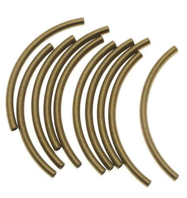 100pcs Curved Noodle Tube Beads, Antique Bronze Plated Brass, Tarnish Resistant, Hole ID 1.5mm, Size Selections: 25mm/30mm/35mm/40mm/50mm