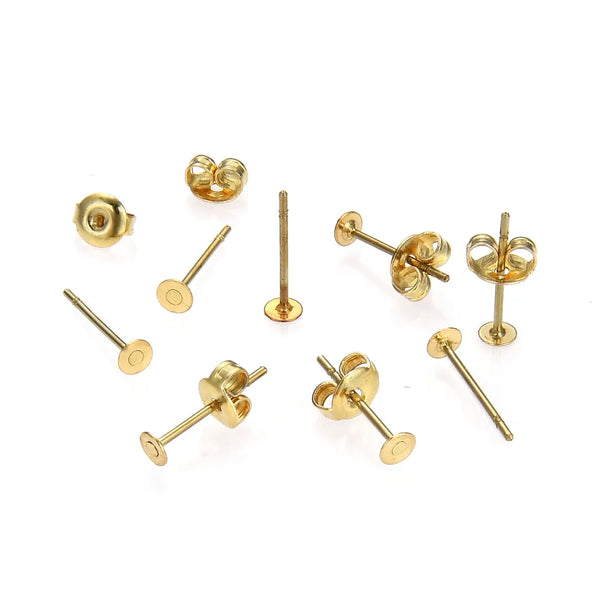 100pcs Raw Brass Earring Posts, Flat Board Glue On Setting, 100pcs Earring Backs, Unplated/Uncoated, Board Size Selections: 3mm/4mm/6mm/8mm