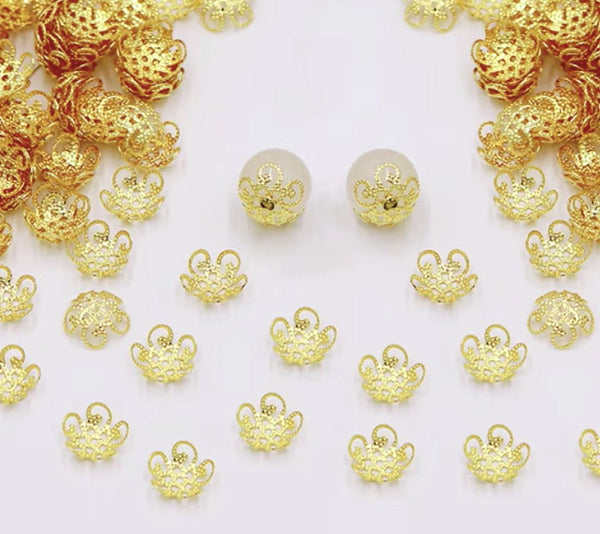 100pcs Filigree Flower Bead Caps, 18K Yellow Gold Plated Brass, 10mm, CF47-2