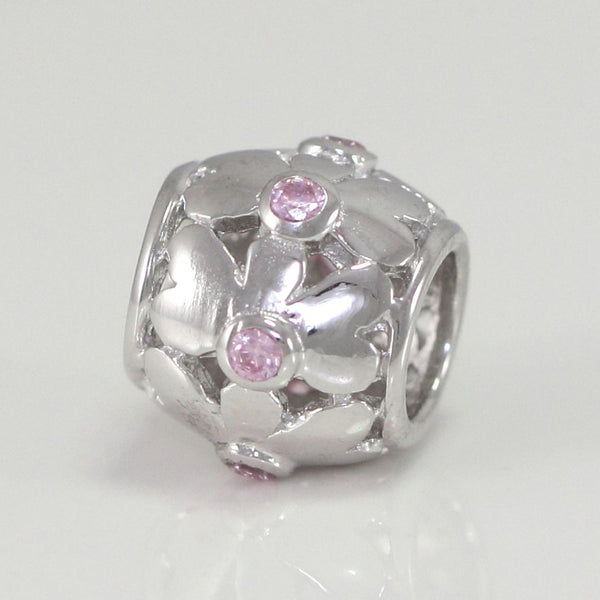 1pc Real 925 Sterling Silver Heart Petal Flower Bead Charm Pink Cubic Zirconia CZ Gemstone, Compatible with Pandora All Other Charm Bracelet, EC6-B6