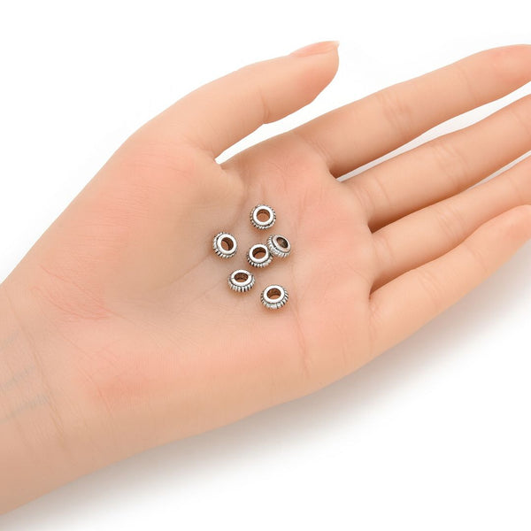 200pcs Wheel Barrel Rondelle Beads, Antique Silver, 7.3mm, Large Hole 3.5mm, MC-S3