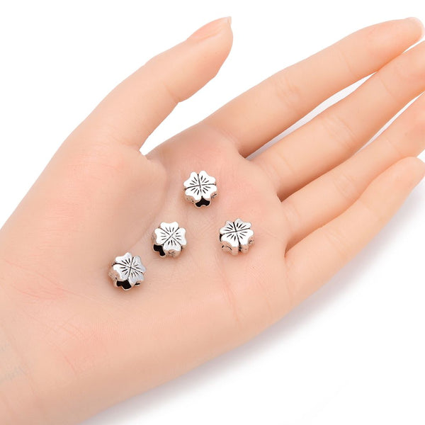 20pcs Four-Leaf Clover Flower Symbol of Good Luck Large Hole Beads, Hole ID 4.5mm, Antique Silver, Zinc Alloy Metal, MEC-E1