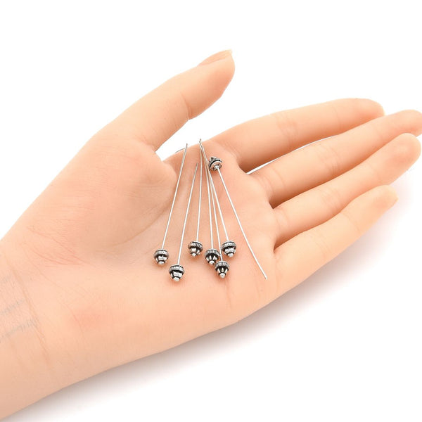 20pcs Fancy Decorative Head Pins, 5.5mm Artistic Flower Head, Antique Silver, 2.1 Inch Long, 0.7mm/21 Gauge, MC-W3