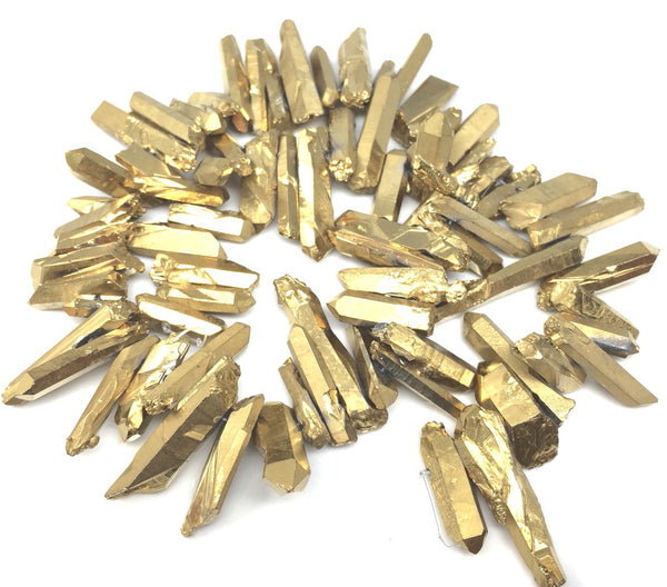 1 Strand Natural Raw Crystal Quartz Gemstone Beads, Small Drilled Stone Points, Gold Titanium Coated Stone Stick, 15 Inch, GA3