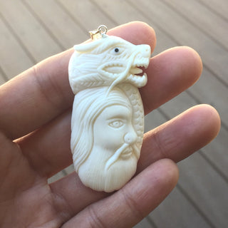 1pc Beautiful Brave Dragon King Hand Carved White Buffalo Bone Drop Pendant, Symbol of Strength Prosperity Pendant, with Sterling Silver Bail, 2 Inch, BP-61
