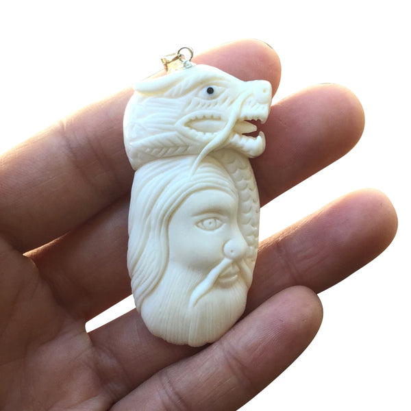 1pc Beautiful Brave Dragon King Hand Carved White Buffalo Bone Drop Pendant, Symbol of Strength Prosperity Pendant, with Sterling Silver Bail, 2 Inch, BP-61