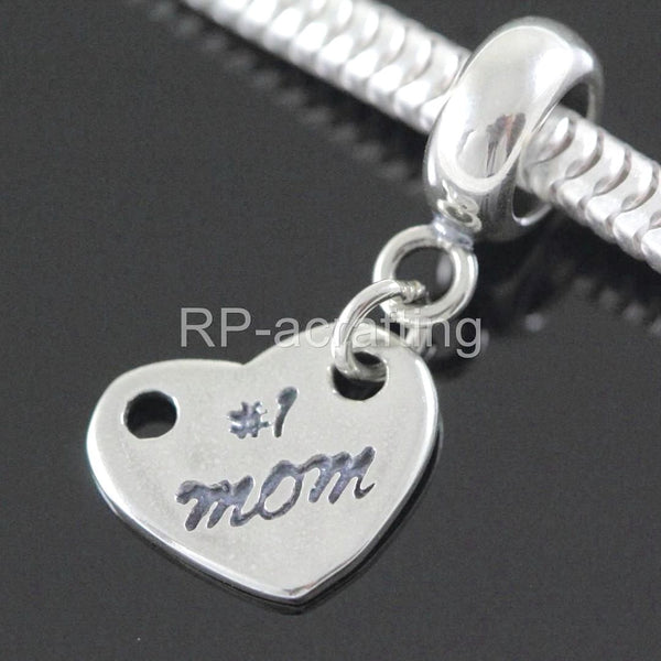 1pc Solid 925 Sterling Silver Best Mom Charm Heart Bead Charm, Compatible with Pandora All Other Charm Bracelet, EC343