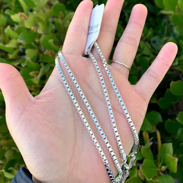 1pc 925 Sterling Silver Box Link Chain Necklace, Tarnish Resistant Rhodium Plated, 3mm, Large Thick Strong, Length Selections: 16/18/20/26/28 inch