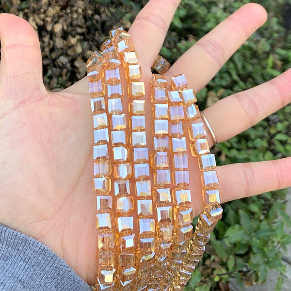 100pcs Creative Club Faceted Cube Crystal Glass Beads, Golden Shadow, 8mm, Hole ID 1mm, CCC828