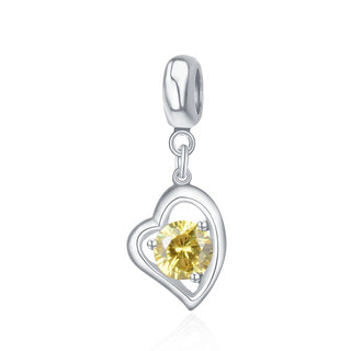 1pc 925 Sterling Silver Love Heart November Birthstone Charm Drop, Yellow Topaz Cubic Zirconia CZ, 26mm (1 inch) Long, Hole ID 4.5mm, EC1-E11