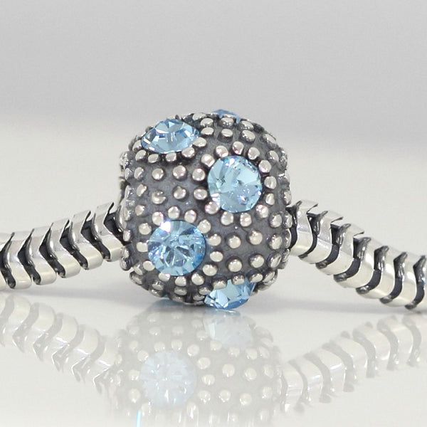 1pc 925 Sterling Silver March Birthstone Bead Charm, Blue Aquamarine Cubic Zirconia CZ, 10.3x9mm, Hole ID 4.5mm, EC1-M3