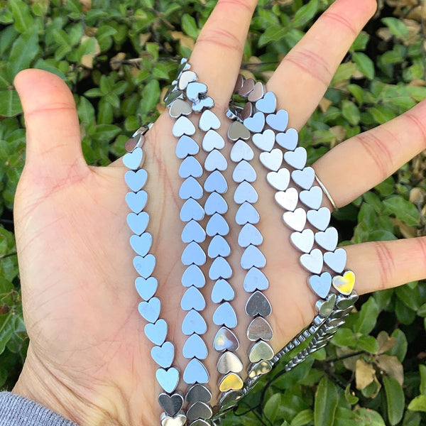 Grade A Natural Hematite Gemstone Heart Beads, White Gold Plated, 15 Inch/1 Strand, 8mm, Hole ID 1mm, GFC-F5