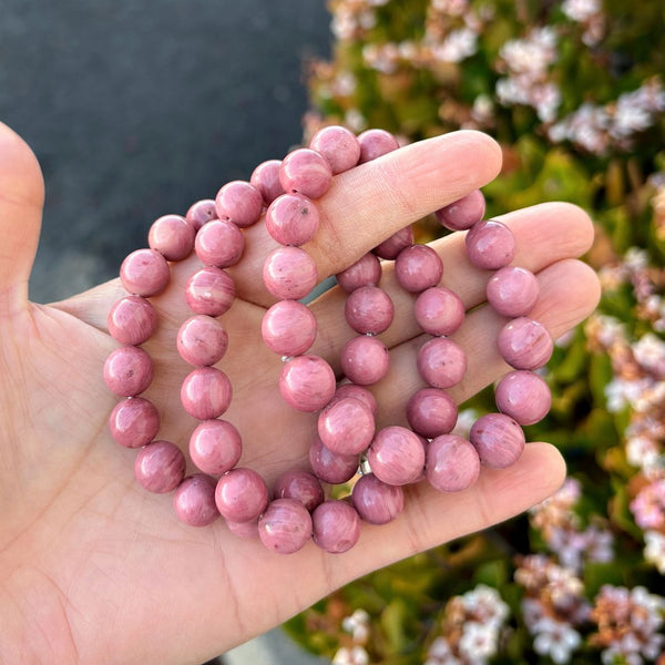 1 Strand Stretch Natural Grade A Pink Rhodonite Beaded Gemstone Bracelet, 10mm Bead, Length Selections: 7 inch/7.5 inch/8 inch/8.5 inch