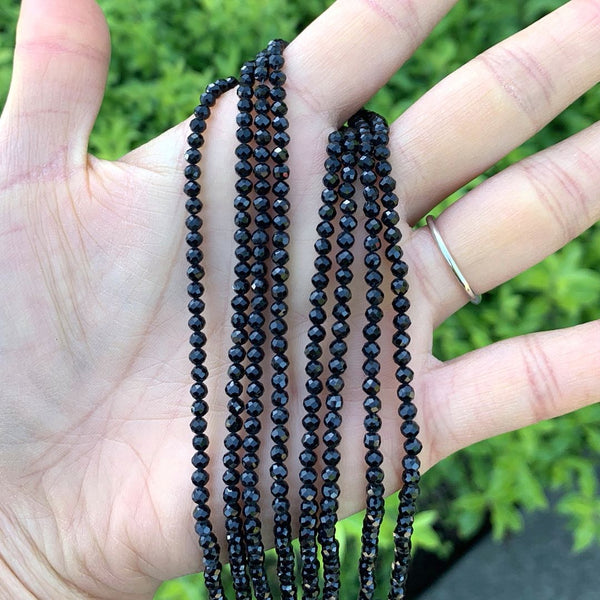 Natural Jet Black Jade Gemstone Faceted Round Beads, 3mm/Small Tiny, Hole ID 0.8mm, 2 Strands/26 Inch Total, GH3R-5