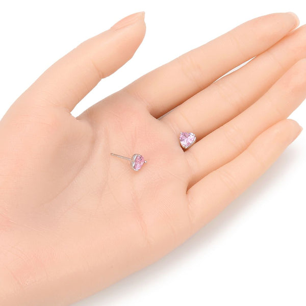 1 Pair 925 Sterling Silver October Love Heart Birthstone Stud Earrings, 6mm/0.84 Carat Cubic Zirconia CZ Pink Tourmaline Stone, SSE79-10