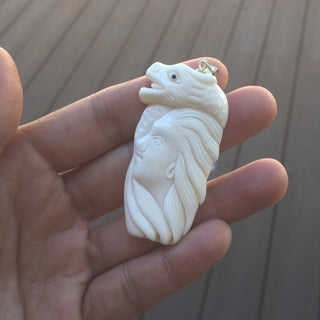 1pc Beautiful Dragon Hero Hand Carved White Buffalo Bone Drop Pendant, Symbol of Strength Prosperity Pendant, with Sterling Silver Bail, 2 Inch, BP-62
