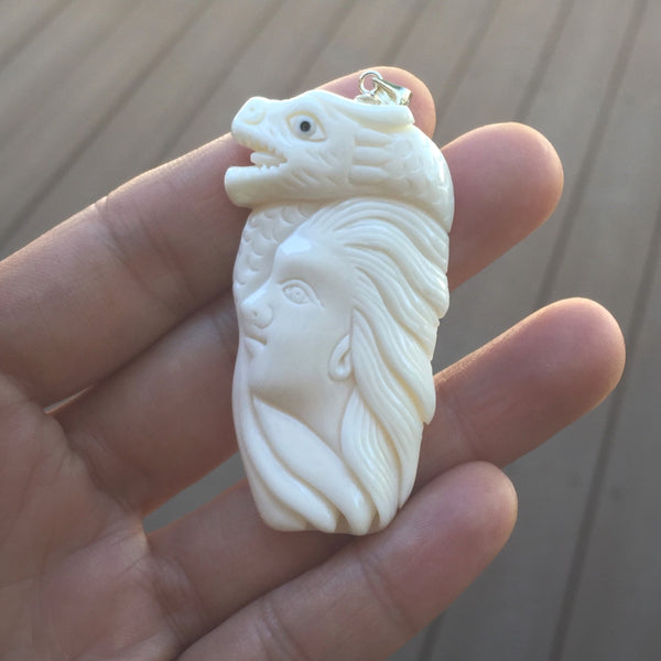 1pc Beautiful Dragon Hero Hand Carved White Buffalo Bone Drop Pendant, Symbol of Strength Prosperity Pendant, with Sterling Silver Bail, 2 Inch, BP-62